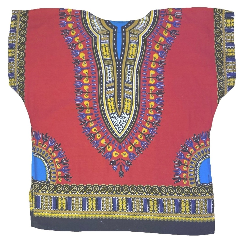 Kids African Dashiki Tunic Shirt Red Tribal Print Cotton Youth Unisex Top